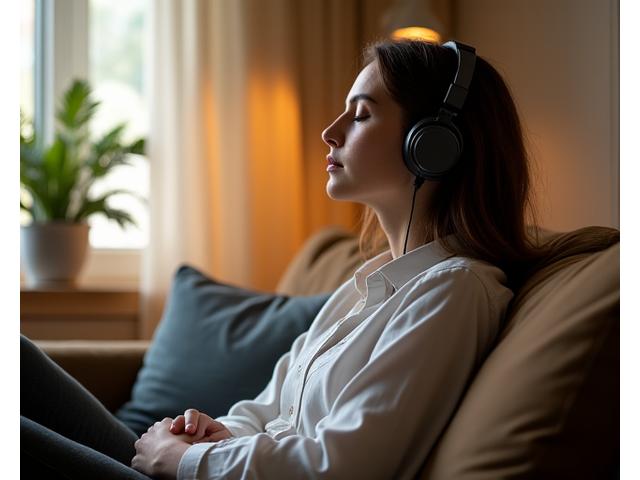 Person listening to meditation on headphones, bathed in a soft, calming light, with nature elements in the background.